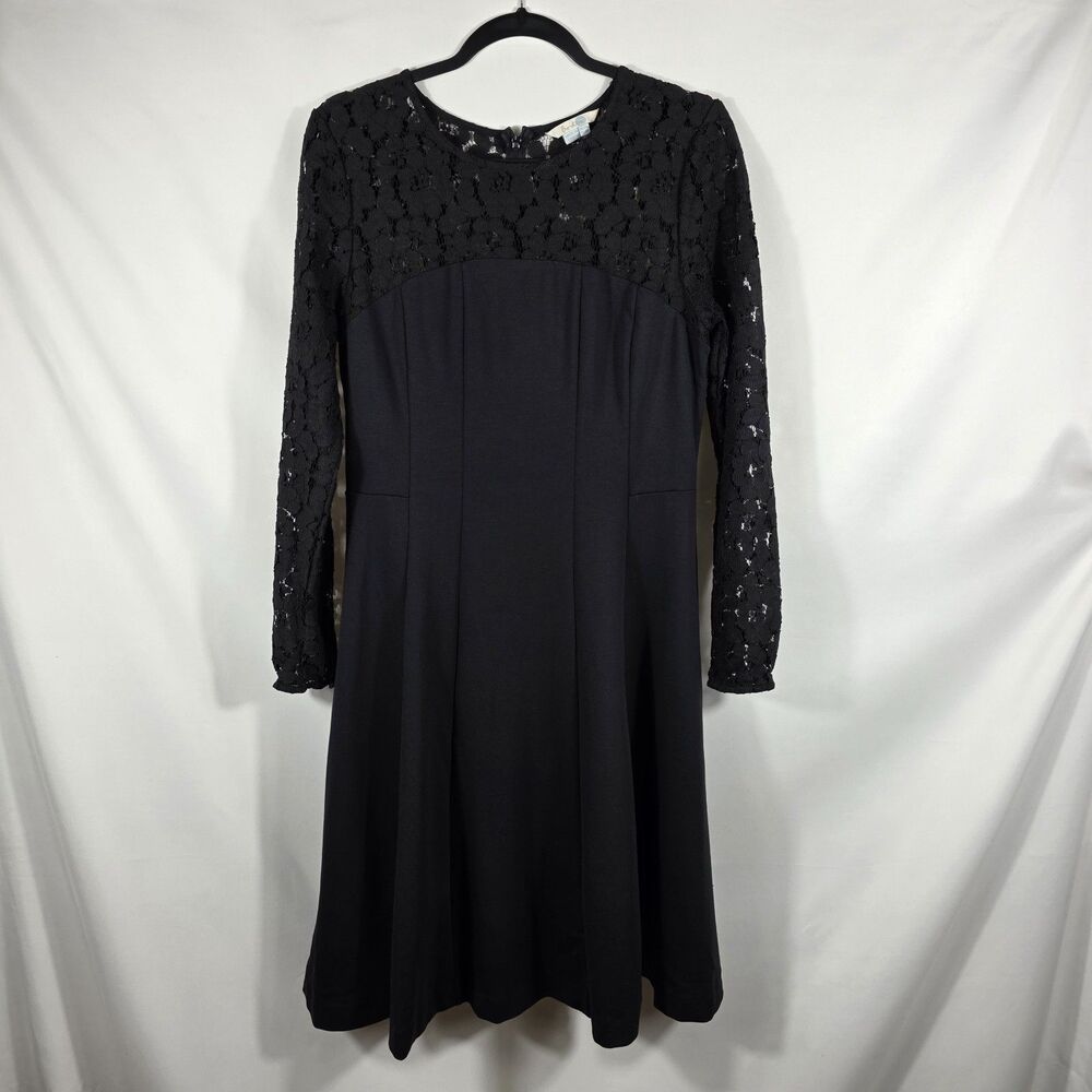 Boden Selena Lace Ponte Dress Size 8R Black Fit & Flair with Lace Sleeves